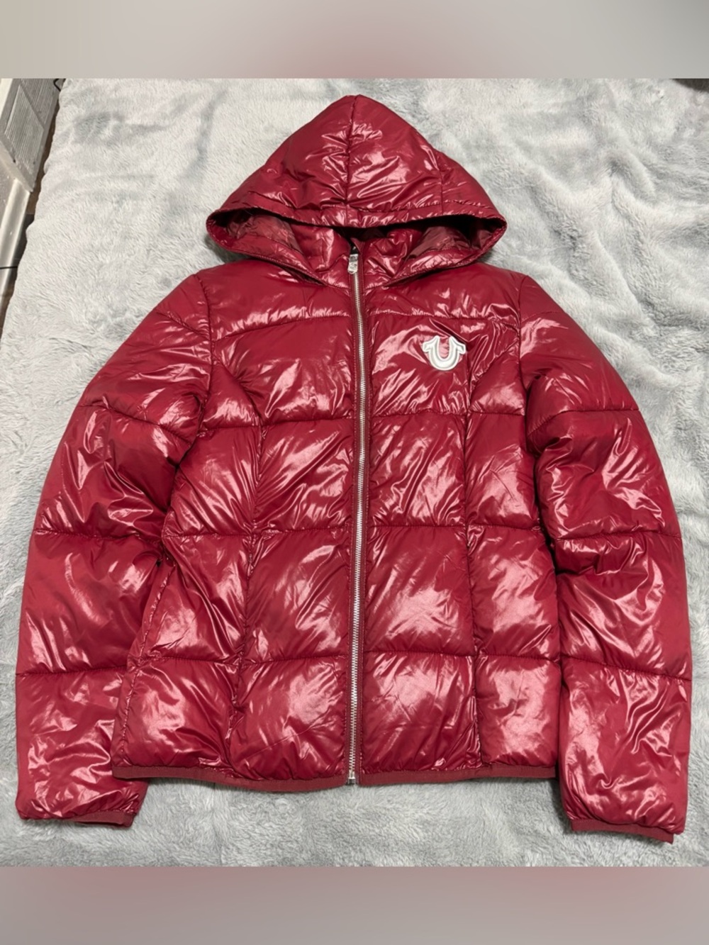True Religion Cabernet Red Hooded Puffer Jacket